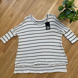 NWT Chaser Waffle Knit Striped Half Sleeve Oversized Hi-Low Ivory Top Size M